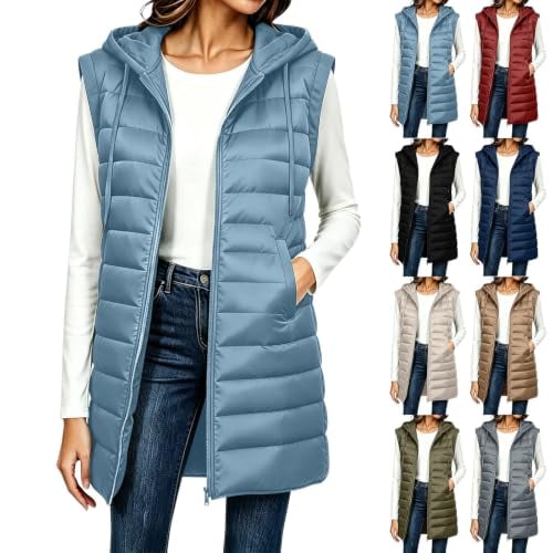 Womens Long Puffer Vest Hooded Zip Up Lightweight Fall Winter Vest Deal