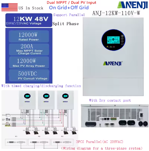 ANENJI Split Phase 12KW 48V Hybrid Solar Inverter