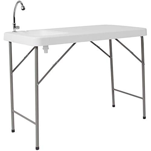 Flash Furniture Wesley 4' Portable Folding Fish Cleaning Table w/Sink, Faucet and Hose Attachment, White