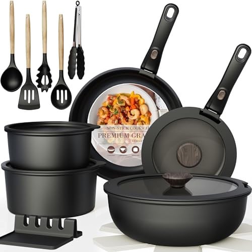 21-Piece Astercook Non Stick Pots and Pans Ceramic Kitchen Cookware Set w/ Removable Handles (Black) Deal