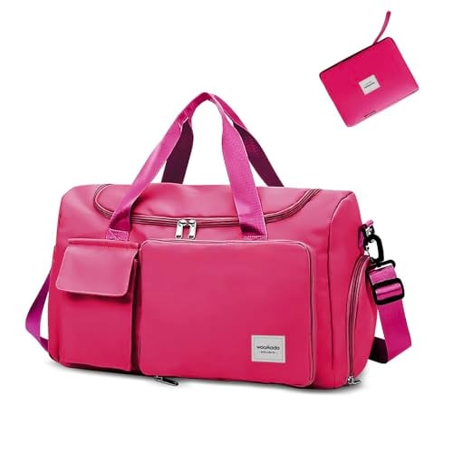 WOOMADA Foldable Weekender Duffel Bag w/ Shoe Compartment & Wet Pocket (Rose Red) Deal