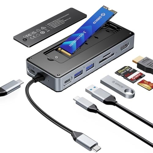 ORICO 8-in-1 USB-C Hub with M.2 SSD Enclosure, 10Gbps, 4K@60Hz HDMI, 100W PD