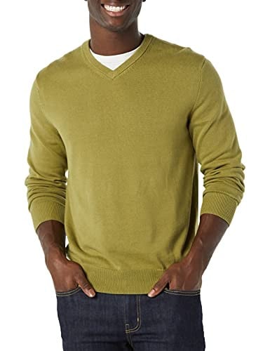 Amazon Essentials Men's V-Neck Pullover Sweater, Golden Olive, Small Deal