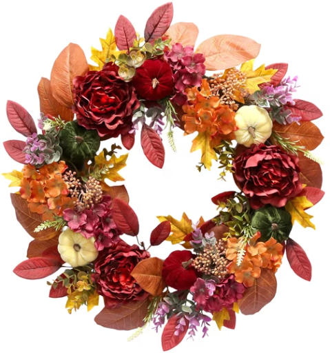24" Peonies and Hydrangeas Fall Wreath, Multicolor