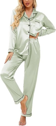 Ekouaer Women's Classic Button Down Long Satin Silk Pajama Set Deal