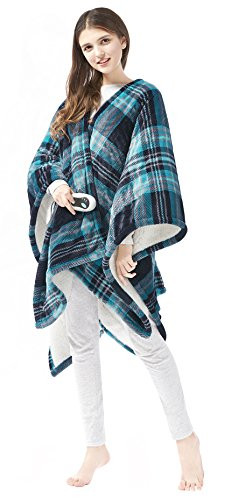 Beautyrest Wearable Electric Poncho Wrap Blanket, 50" x 64", Aqua Plaid