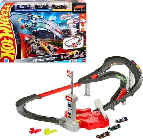 Hot Wheels Toy Car Track Set with 3 Formula 1 Die-Cast Vehicles 1:64 Scale