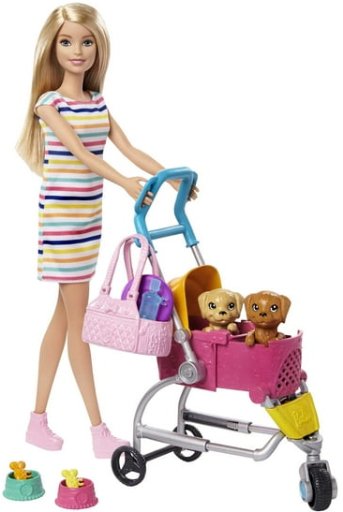 Barbie Pets Stroll & Play Pups Playset with Blonde Doll, Transforming Stroller