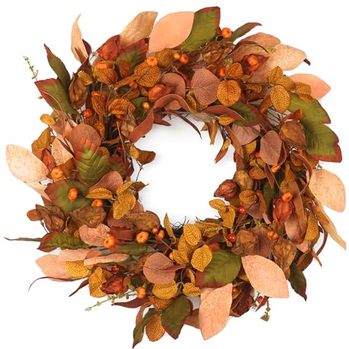 Autumn Wreath with Small Pumpkin, Berry & Leaves - 22 Inch Indoor/Outdoor Farmhouse Decor
