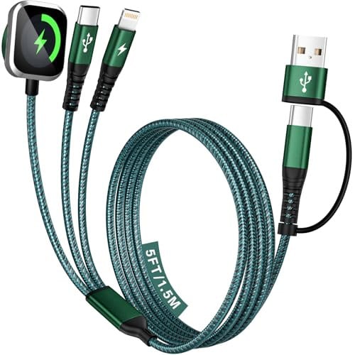 Jogrytece 5' 3-in-2 Charging Cable w/ Apple Watch Charger (USB-C/Lightning, Green)