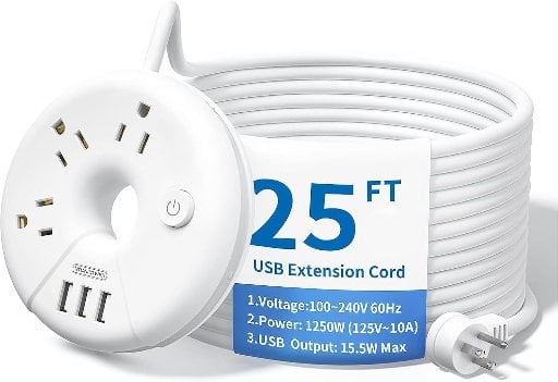 NTONPOWER Extra Long Extension Cord 25 ft Flat Plug Power Strip with USB Ports