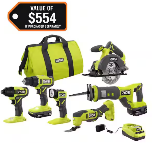 RYOBI ONE+ 18V Cordless 6-Tool Combo Kit with 1.5Ah Battery and 4.0Ah Battery Deal
