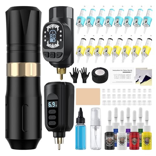 Tattoo Wireless Machine Kit with 2 Batteries, 16 Cartridge Needles, 7 Ink Colors