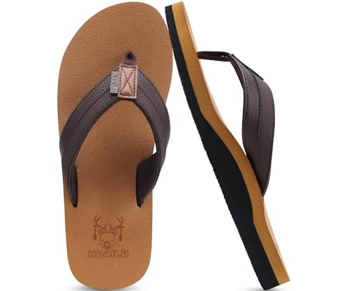 KuaiLu Mens Faux Leather Flip Flops with Comfortable Arch Support Size 11