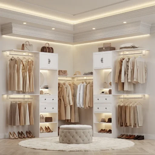 Rebrilliant 86.61″ W Closet System Set With 2 Drawers and Mirror