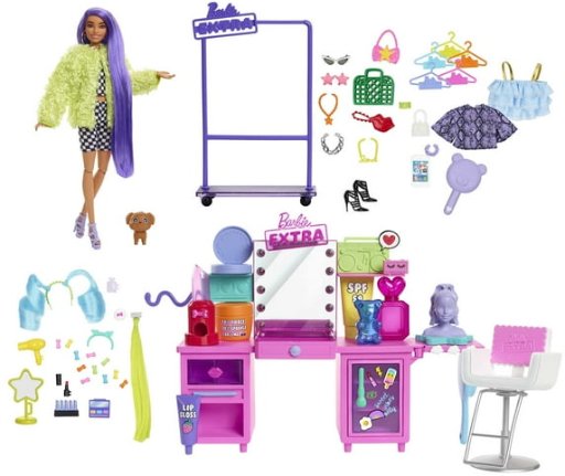 Barbie Extra Fashion Doll and Vanity Playset with 45+ Accessories