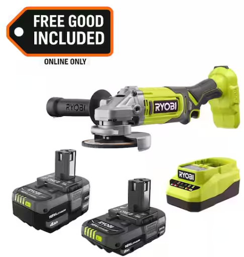 Ryobi One+ 18V Lithium-Ion Kit with 2.0 Ah and 4.0 Ah Batteries, Charger & 18V Cordless 4-1/2" Angle Grinder