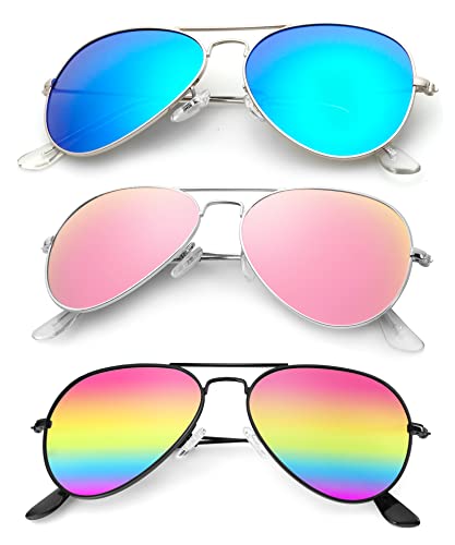 KALIYADI Men's or Women's Aviator Polarized Sunglasses, 3-Pack (Blue/Rainbow/Light Pink)
