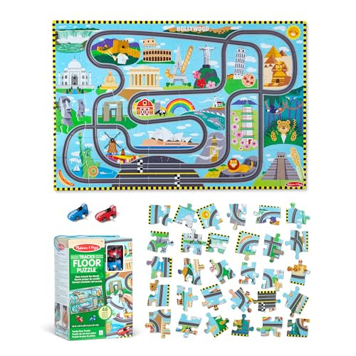 Melissa & Doug Race Around The World Tracks Cardboard Jigsaw Floor Puzzle and Wind-Up Vehicles (48 Pcs)