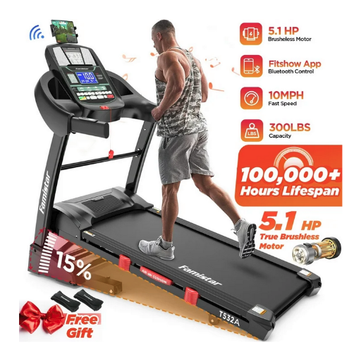 Famistar 5.1HP Folding Treadmill with 15% Auto Incline, W/ Knee Strap Gift