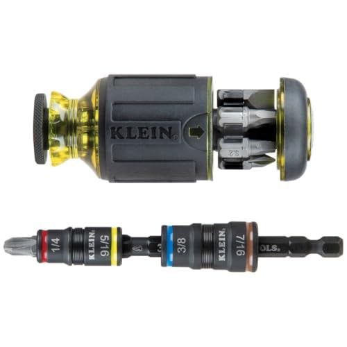 Klein Tools 32308HD Impact Driver Set, 12-in-1 Stubby Screwdriver Set, 2 Hex Flip Sockets, 7 Bits, 1/4-Inch Bit Holding Feature