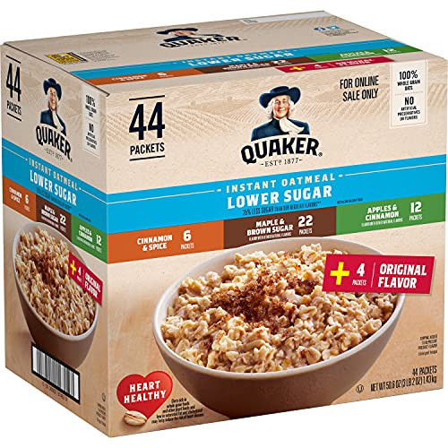Quaker Instant Oatmeal Lower Sugar, 4 Flavor Variety Pack 44 Count