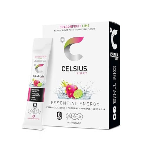 CELSIUS On-The-Go Powder Sticks Dragonfruit Lime, Essential Energy 2.8 Oz