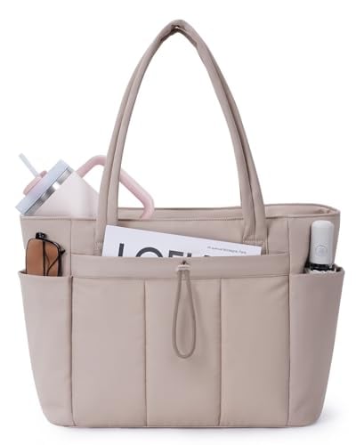 Wandering Nature Puffy Quilted Tote Bag w/ 15.6" Laptop Compartment (Beige)