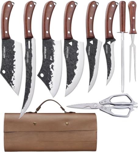 Naitesen 9-Piece Butcher Knife Set With Leather Roll Bag