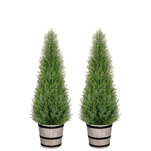 3FT Artificial Cedar Topiary Trees with Rustic Barrel Planter