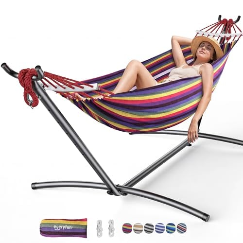 Everyfun Double Hammock with Stand 600 lb Capacity Rainbow