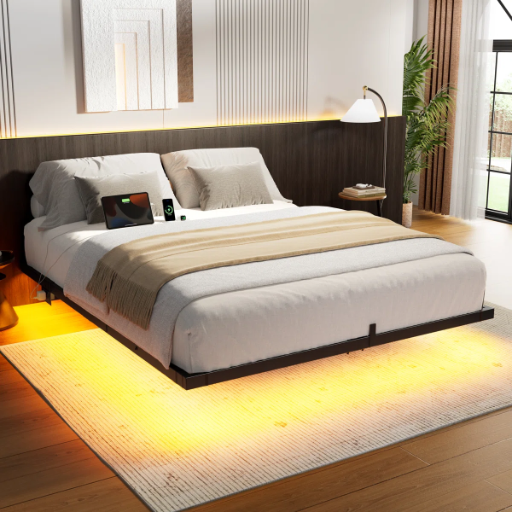 Zoller Floating Bed Frame w/ LED & Charging Station (Queen)