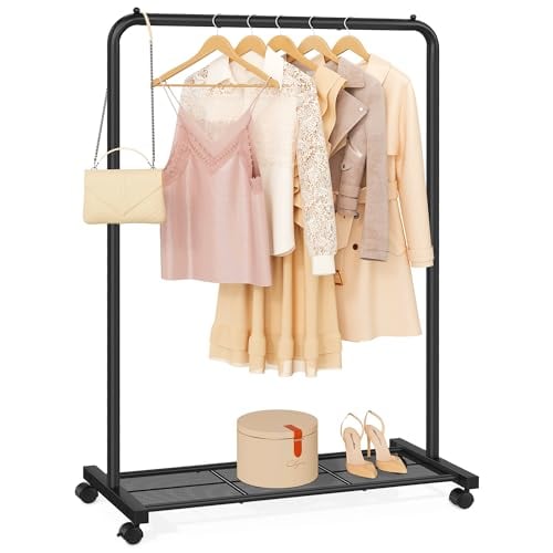 SONGMICS Clothes Rack with Wheels, Metal Garment Rack, Mesh Storage Shelf Deal