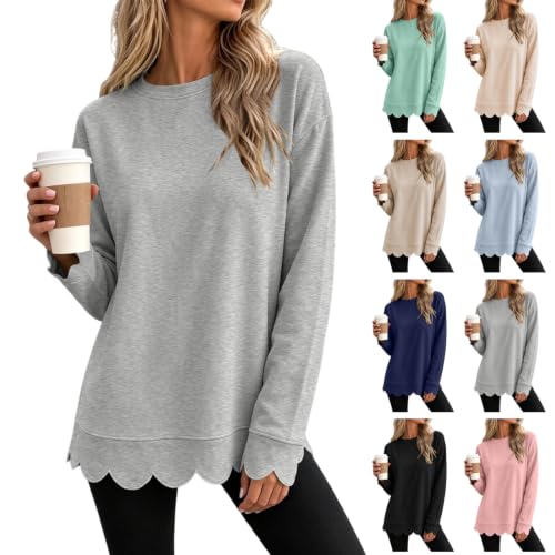 Women Crew Neck Scalloped Hem Pullover