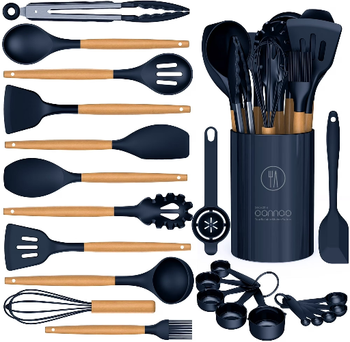24 Pc- Silicone Kitchen Utensils for Cooking Wooden Handles, 446°F Heat Resistant