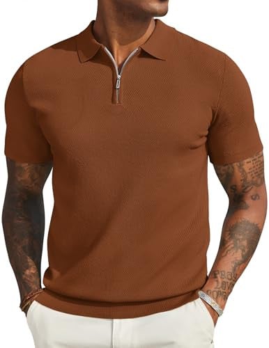 COOFANDY Mens Short Sleeve Zipper Polo Shirts Light Brown Medium