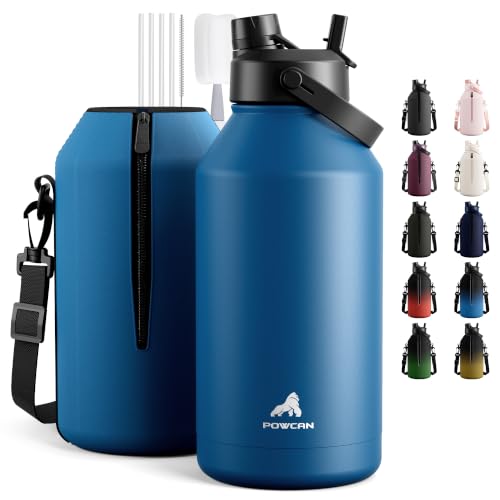 POWCAN 64 oz Insulated Water Bottle with Straw Lid, Carrier Bag, and Shoulder Strap