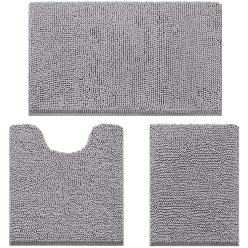 HOMEIDEAS 3 Pieces Bathroom Rugs, Grey
