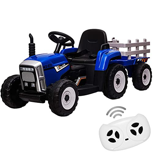 12V Kids Ride-On Tractor 35W with Trailer & Remote, Toddler Electric Car with Music, 7 LEDs, 2+1 Gears, Blue