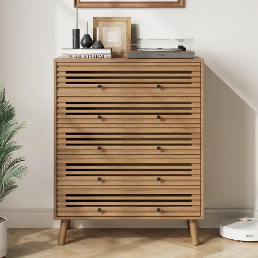 George Oliver 5-Drawer Mid-Century Modern Slatted Dresser (Oak) Deal