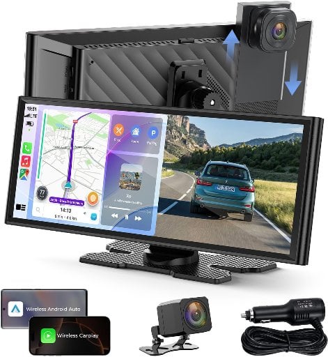 TOGUARDGO 9.26" Wireless CarPlay Screen with 4K+1080P Dual Dash Cam Front & Rear, 1600x600 IPS Display