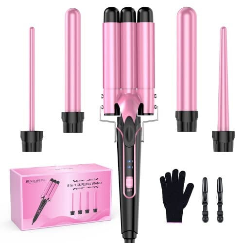 BESTOPE PRO 5-in-1 Women's Curling Wand Set w/ 3 Barrel Hair Crimper Deal