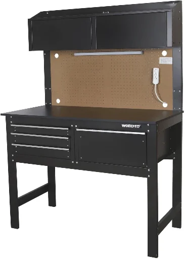 WorkPro 48-Inch Steel Workbench and Cabinet Combo With LED Lighting, Power Strip, Pegboard, Storage Drawers