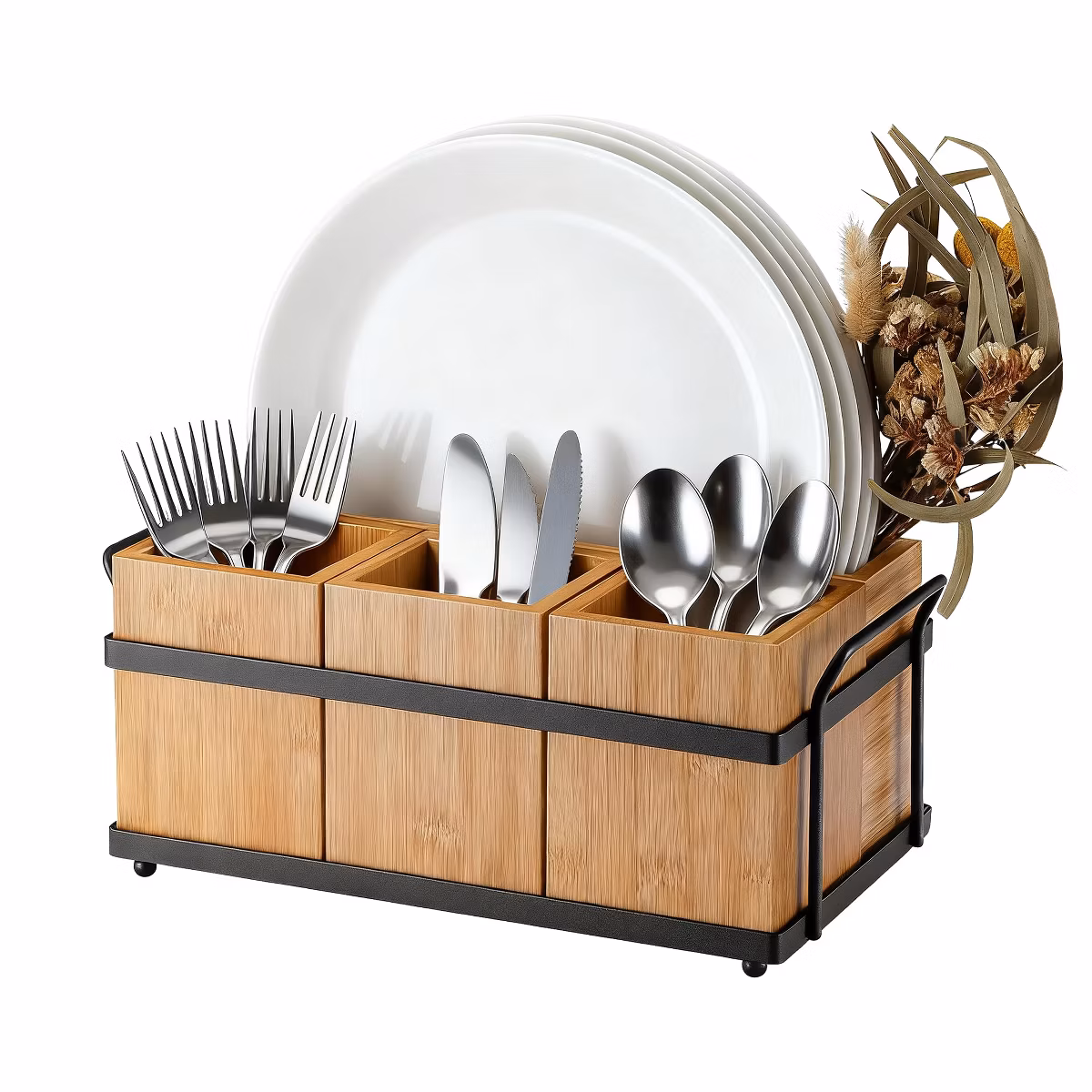 Bamboo Utensil Holder with 4 Detachable Compartments