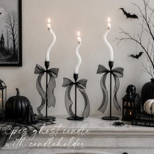 3Pcs Twisting Ghost Candles Decor with Candle Holders and Ribbons Deal