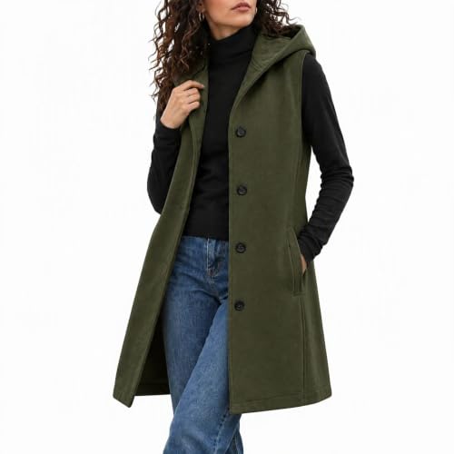 Hooded Long Button Down Sleeveless Trench Vest