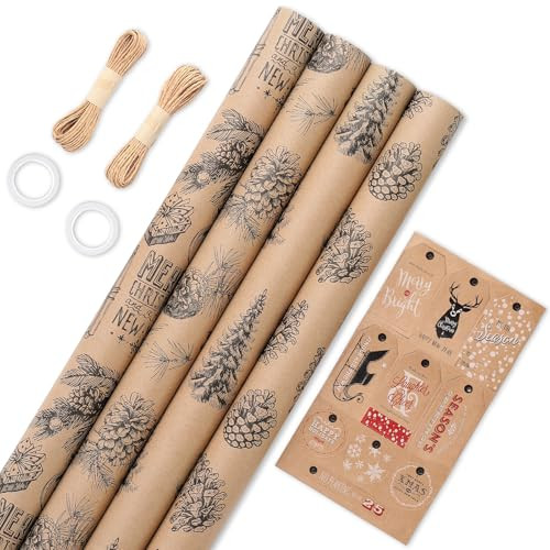 YANGTE Vintage Christmas Wrapping Paper - 4 Rolls