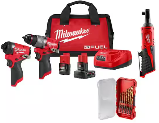 Milwaukee M12 FUEL 12V Cordless Hammer Drill/Impact Kit + Batteries, Bag + M12 3/8 in. Ratchet + 15-Pc Titanium Set Combo Kit Deal