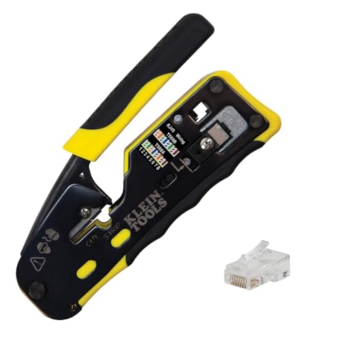 Klein Tools Ratcheting Data Cable Crimper / Cutter + 50-Pk CAT6 RJ45 Data Plugs Deal