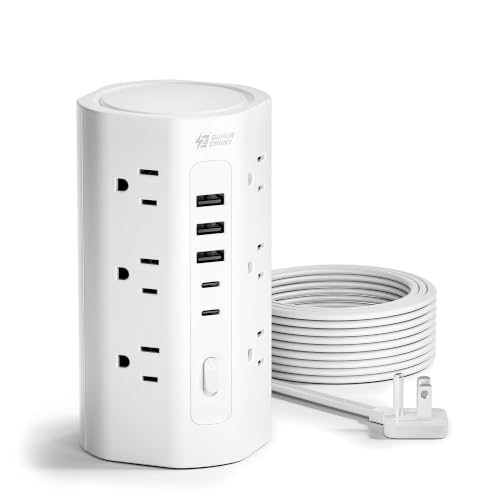 SUPERDANNY 17-in-1 Tower Power Strip w/ 12 AC Outlets, 3 USB-A & 2 USB-C Ports, 1700J Surge Protector & 10' Flat Extension Cord